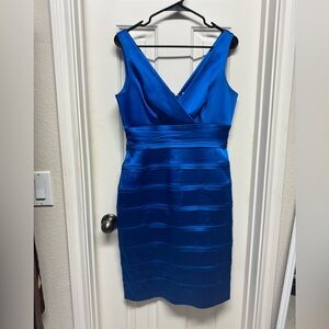 Calvin Klein Blue Pleated V-Neck Bodycon Midi Dress